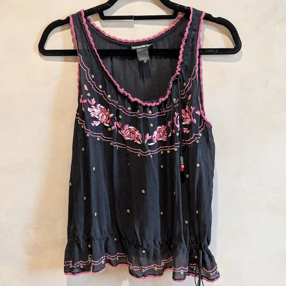 Vivienne Tam black chiffon embroidered pink floral top - small - Picture 1 of 6